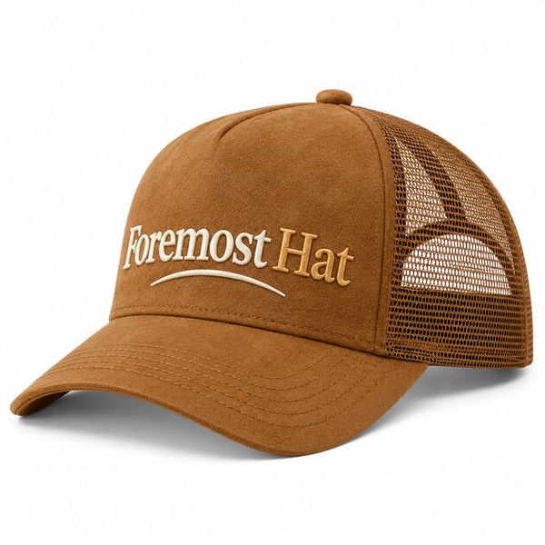 Foremost Hat Brown Suede Mesh Trucker Cap – 5 Panel Embroidered Adjustable Baseball Hat